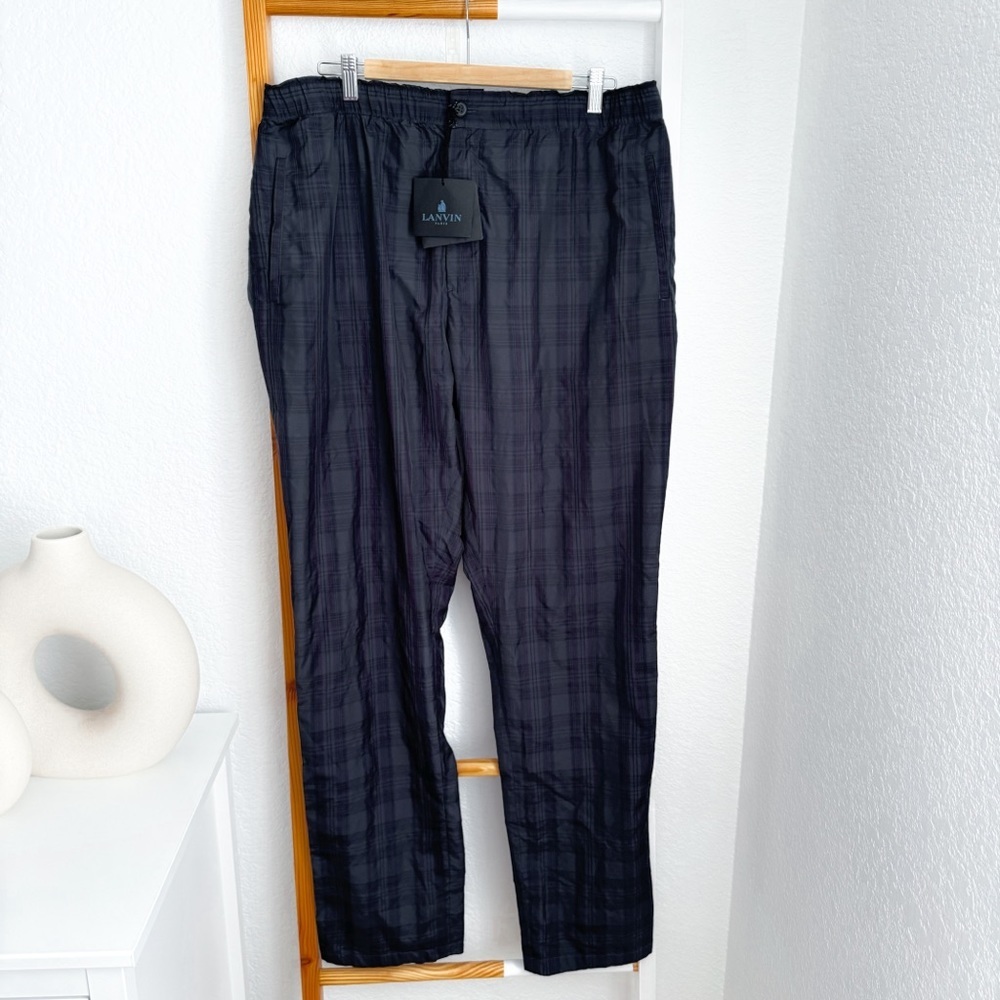 Lanvin Men’s Plaid Check Pants Lounge Elastic Waist Pockets Gray Navy Trousers